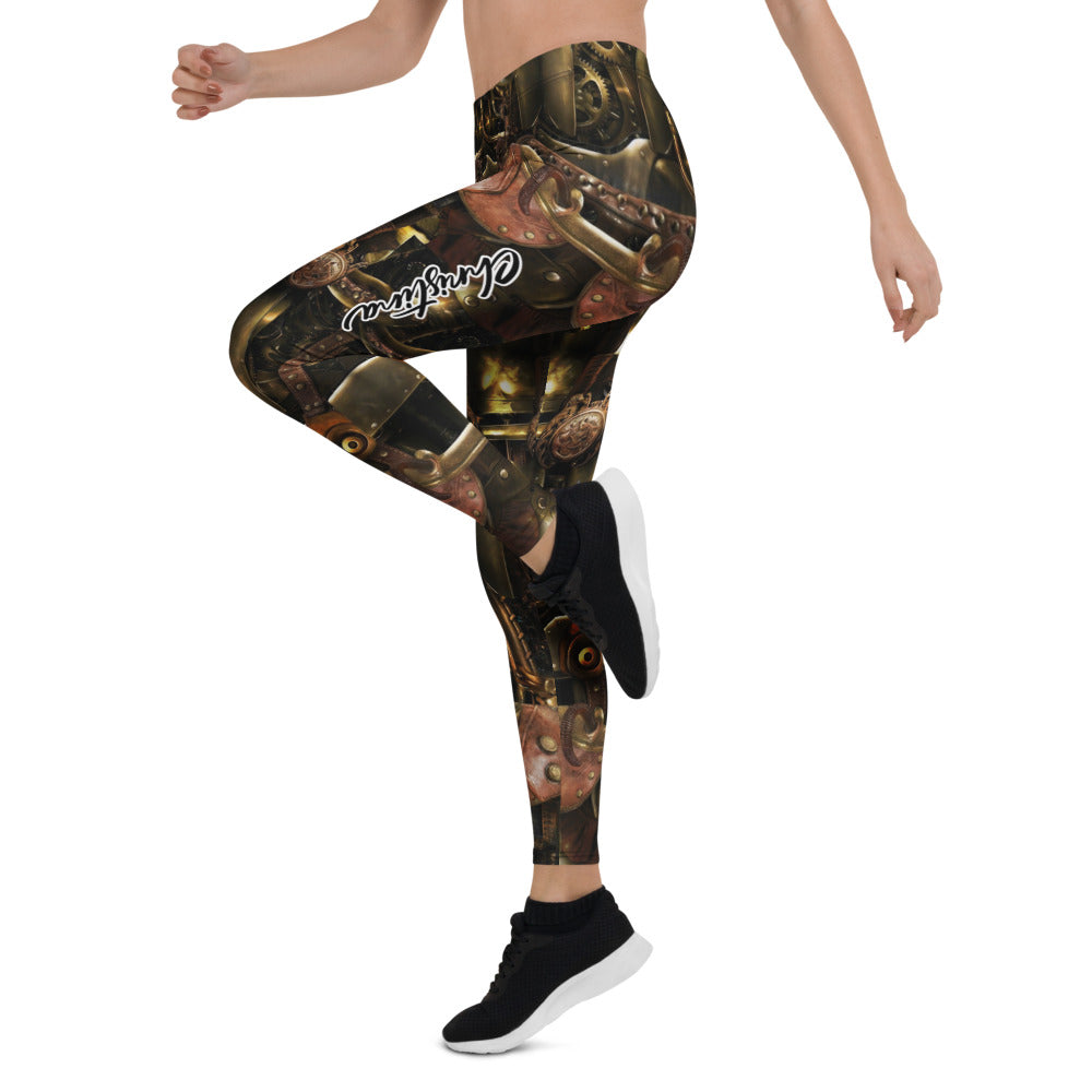 Personalisierte Damen Sportleggings Steampunk Design Mechanik Muster Braun Gold Fitness Yoga Leggings W166