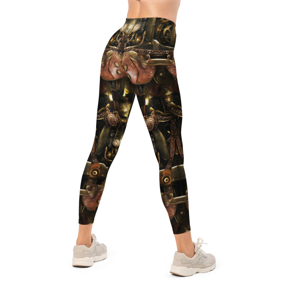 Personalisierte Damen Sportleggings Steampunk Design Mechanik Muster Braun Gold Fitness Yoga Leggings W166