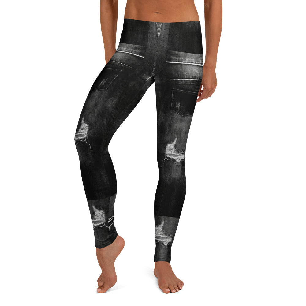 Personalisierte Damen Sportleggings Jeans-Optik Schwarz Destroyed Look Fitnesshose V454