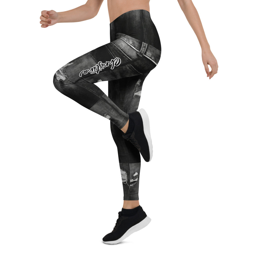 Personalisierte Damen Sportleggings Jeans-Optik Schwarz Destroyed Look Fitnesshose V454