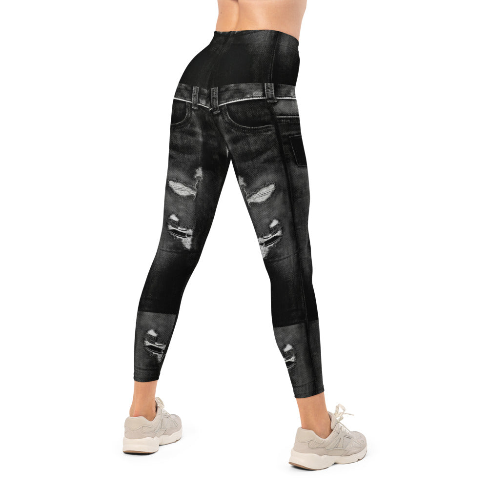 Personalisierte Damen Sportleggings Jeans-Optik Schwarz Destroyed Look Fitnesshose V454