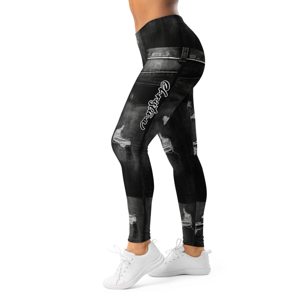 Personalisierte Damen Sportleggings Jeans-Optik Schwarz Destroyed Look Fitnesshose V454