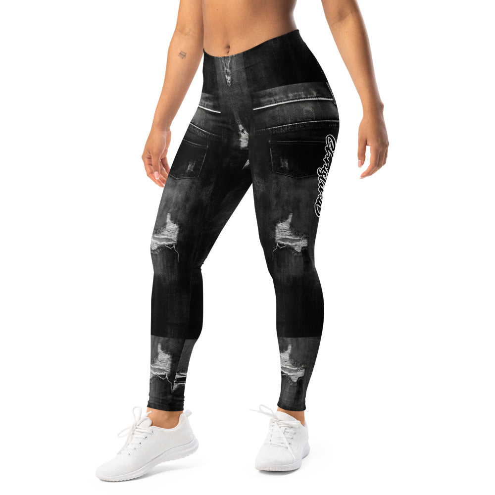 Personalisierte Damen Sportleggings Jeans-Optik Schwarz Destroyed Look Fitnesshose V454