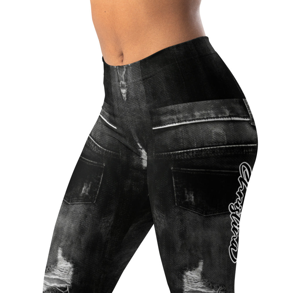 Personalisierte Damen Sportleggings Jeans-Optik Schwarz Destroyed Look Fitnesshose V454