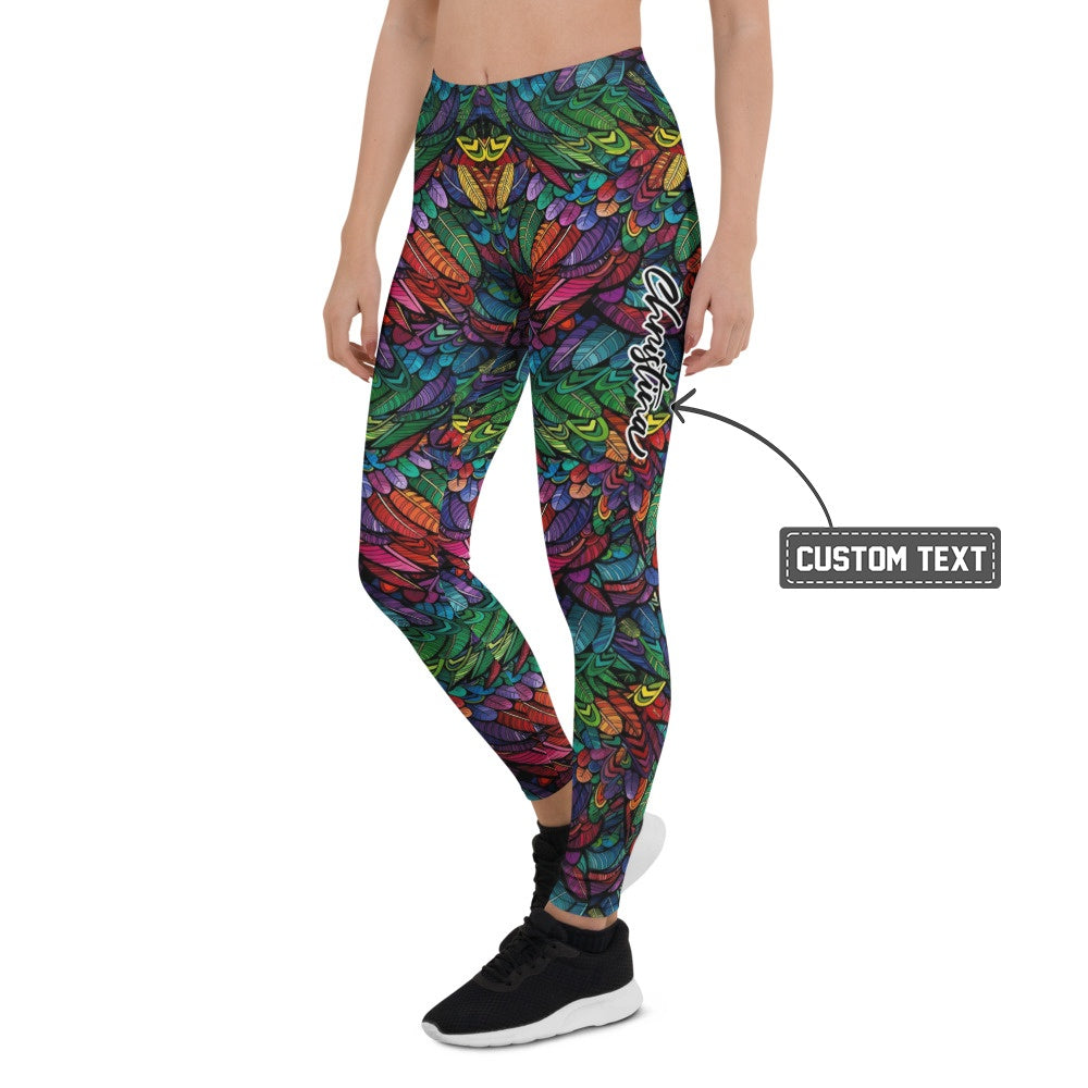 Personalisierte Damen Sportleggings Bunt Federmuster Yoga Leggings Fitnesshose T577 - XL