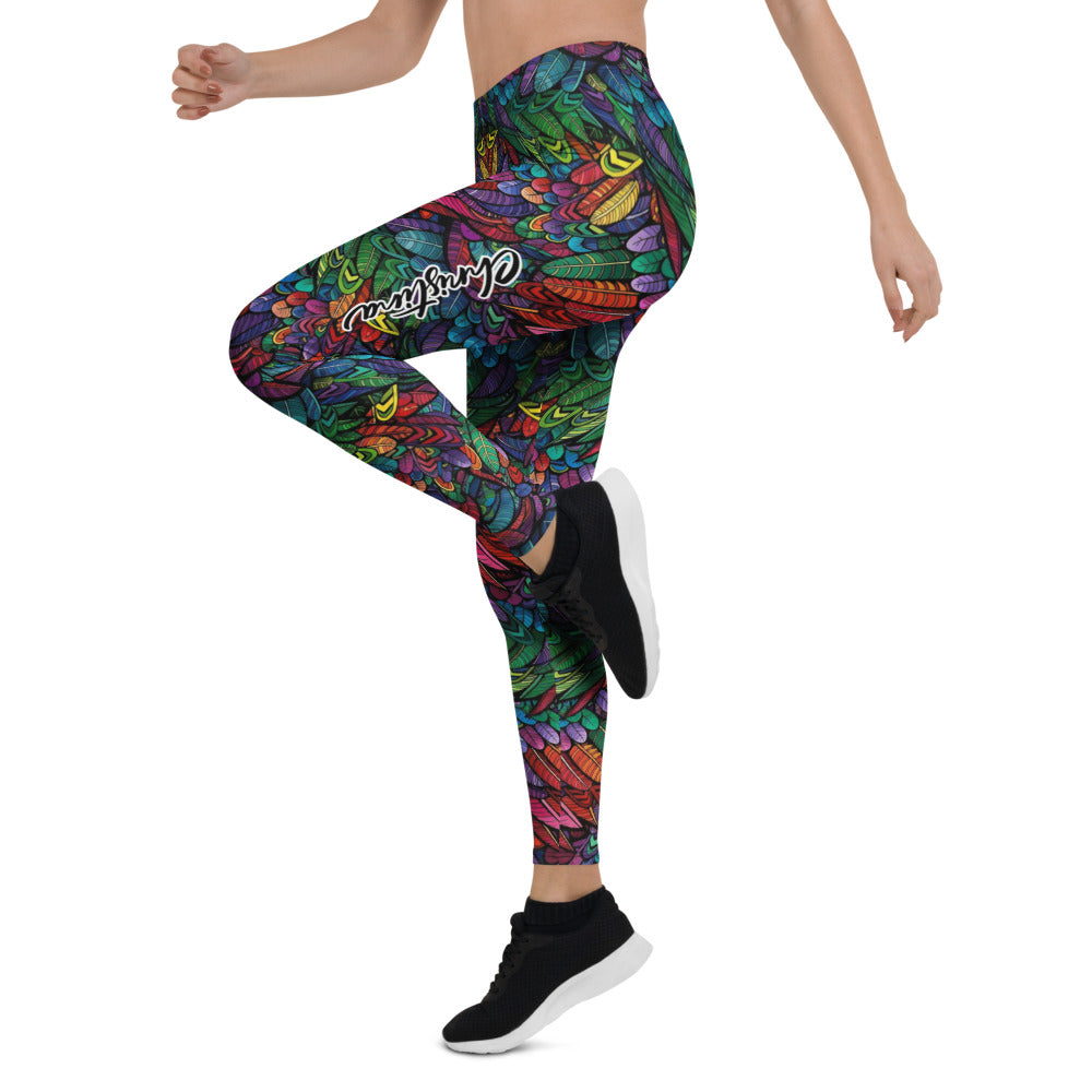 Personalisierte Damen Sportleggings Federmuster Bunt Fitness Leggings Yoga Hose Mehrfarbig E876
