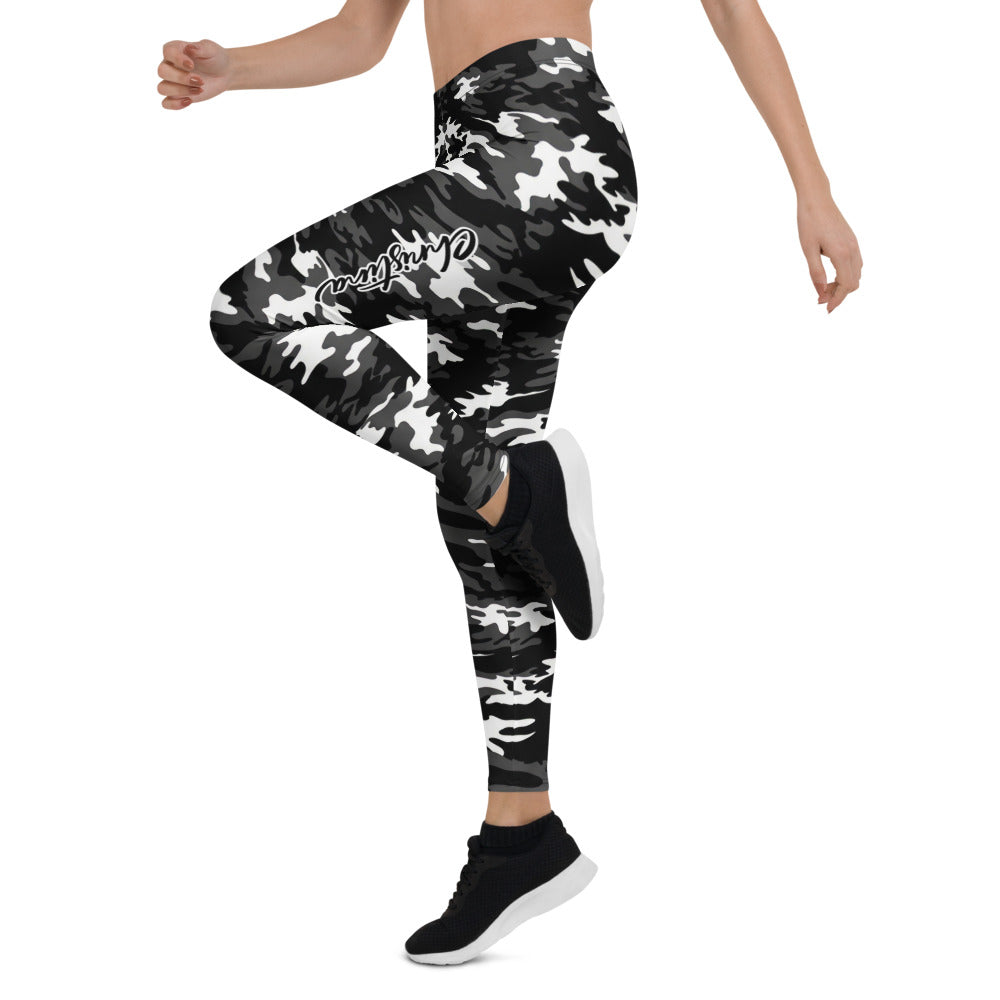 Personalisierte Damen Sportleggings Camouflage Muster Schwarz Weiß Grau Fitness Yoga Leggings J083
