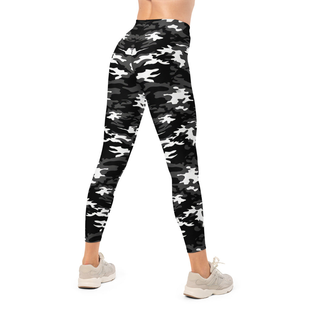 Personalisierte Damen Sportleggings Camouflage Muster Schwarz Weiß Grau Fitness Yoga Leggings J083