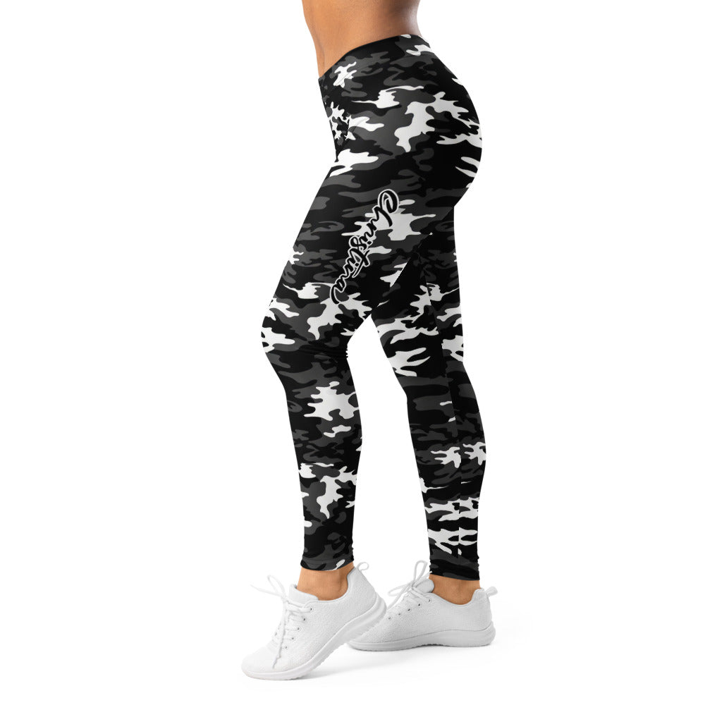 Personalisierte Damen Sportleggings Camouflage Muster Schwarz Weiß Grau Fitness Yoga Leggings J083