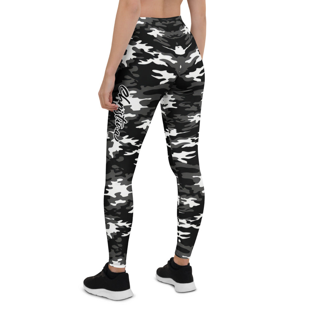 Personalisierte Damen Sportleggings Camouflage Schwarz Weiß Grau Fitness Leggings Tarnmuster Y269