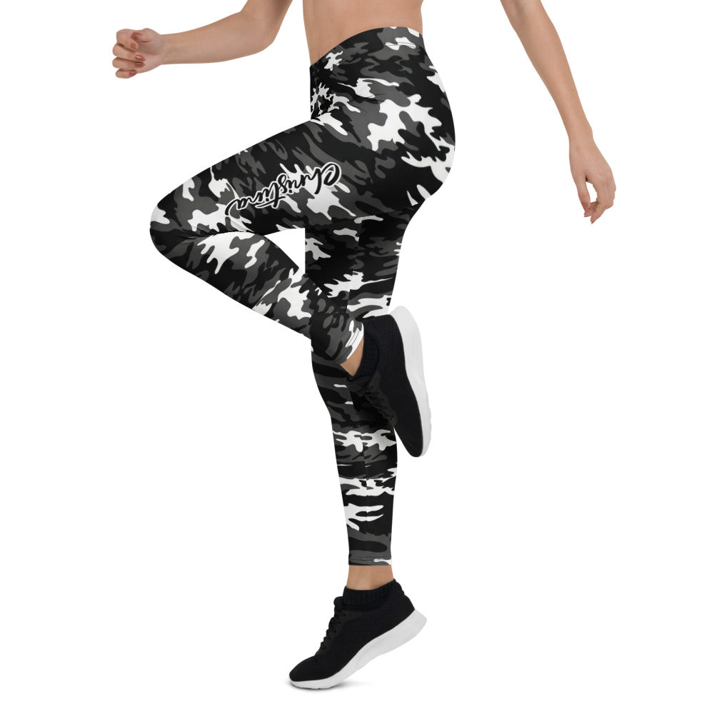 Personalisierte Damen Sportleggings Camouflage Schwarz Weiß Grau Fitness Leggings Tarnmuster Y269