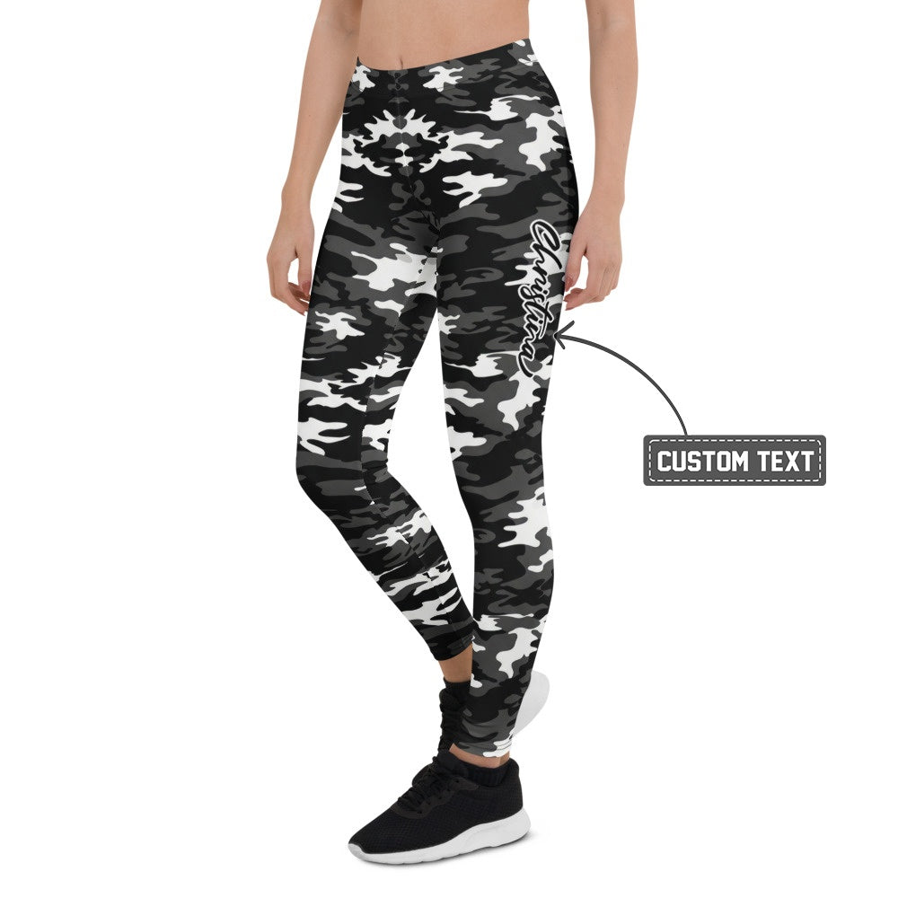 Personalisierte Damen Sportleggings Camouflage Schwarz Weiß Grau Fitness Leggings Tarnmuster Y269 - XL