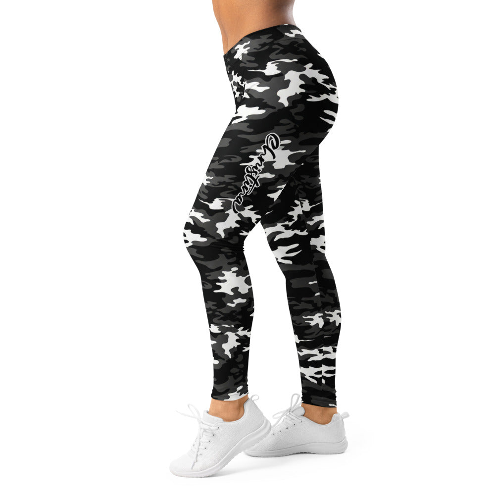 Personalisierte Damen Sportleggings Camouflage Schwarz Weiß Grau Fitness Leggings Tarnmuster Y269