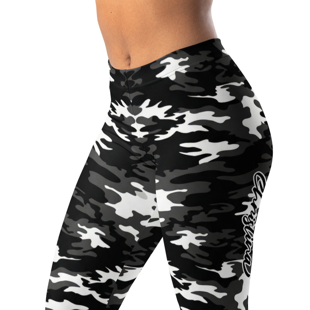 Personalisierte Damen Sportleggings Camouflage Schwarz Weiß Grau Fitness Leggings Tarnmuster Y269