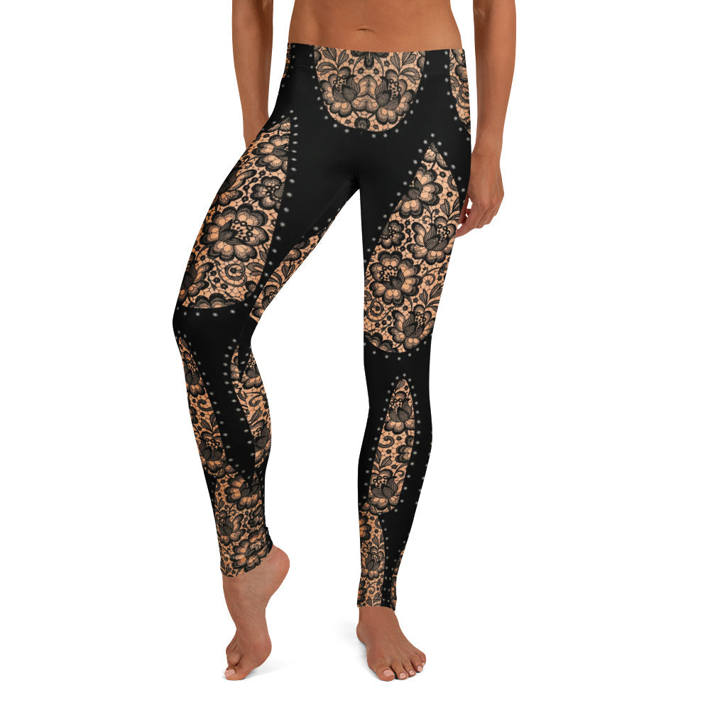 Personalisierte Damen Sportleggings Schwarz Nude Spitzenmuster Fitness Leggings Yoga Hose I640