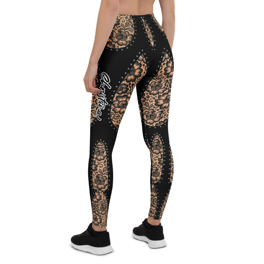 Personalisierte Damen Sportleggings Schwarz Nude Spitzenmuster Fitness Leggings Yoga Hose I640