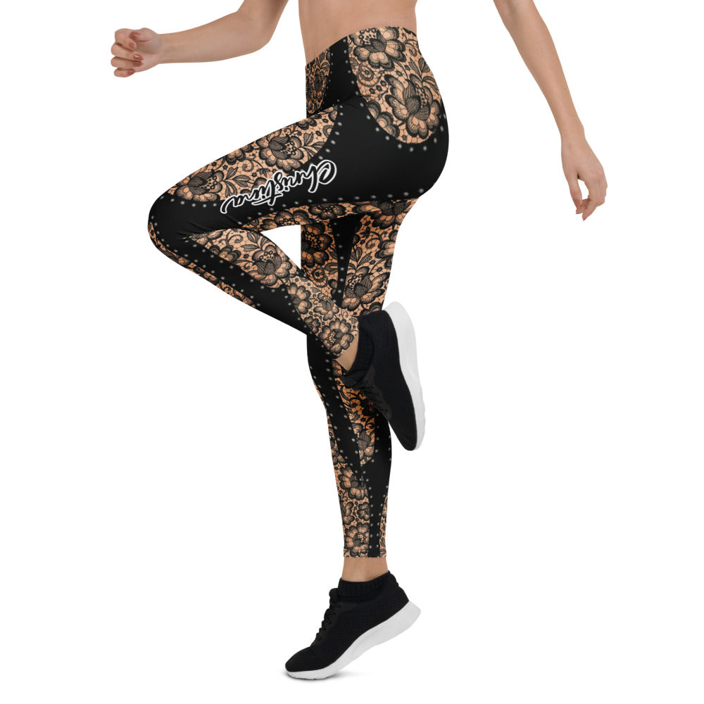 Personalisierte Damen Sportleggings Schwarz Nude Spitzenmuster Fitness Leggings Yoga Hose I640