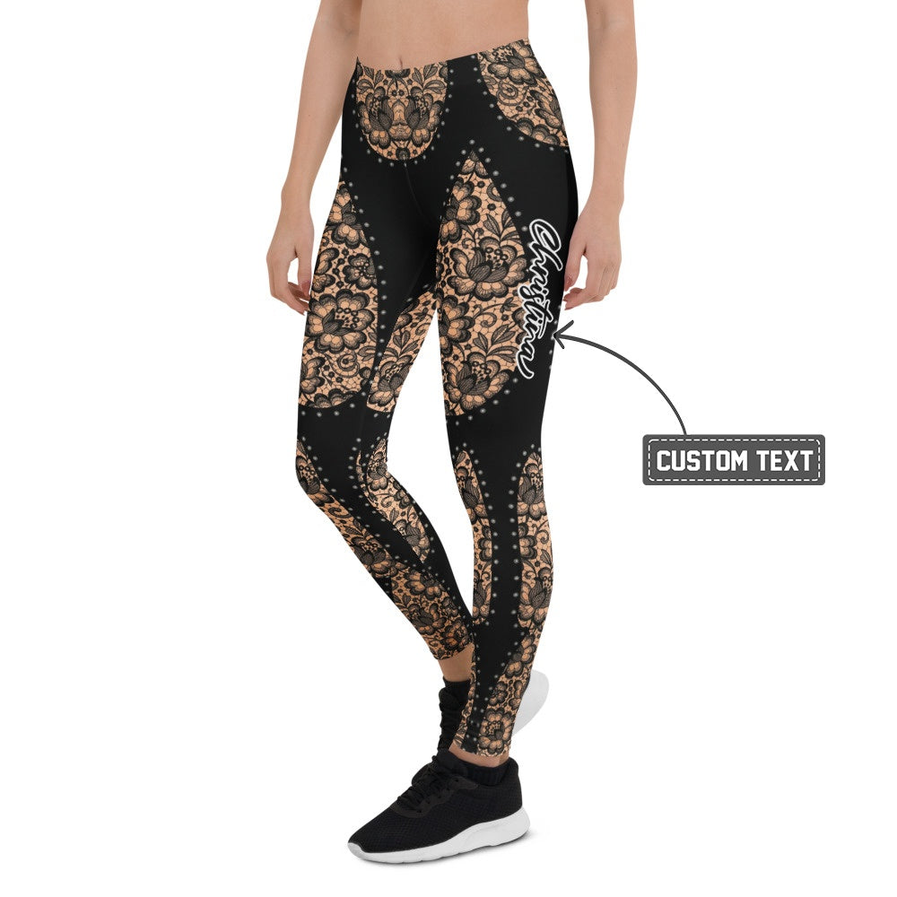 Personalisierte Damen Sportleggings Schwarz Nude Spitzenmuster Fitness Leggings Yoga Hose I640 - XL