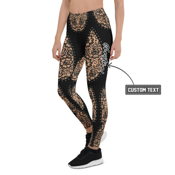 Personalisierte Damen Sportleggings Schwarz Nude Spitzenmuster Fitness Leggings Yoga Hose I640 - XL