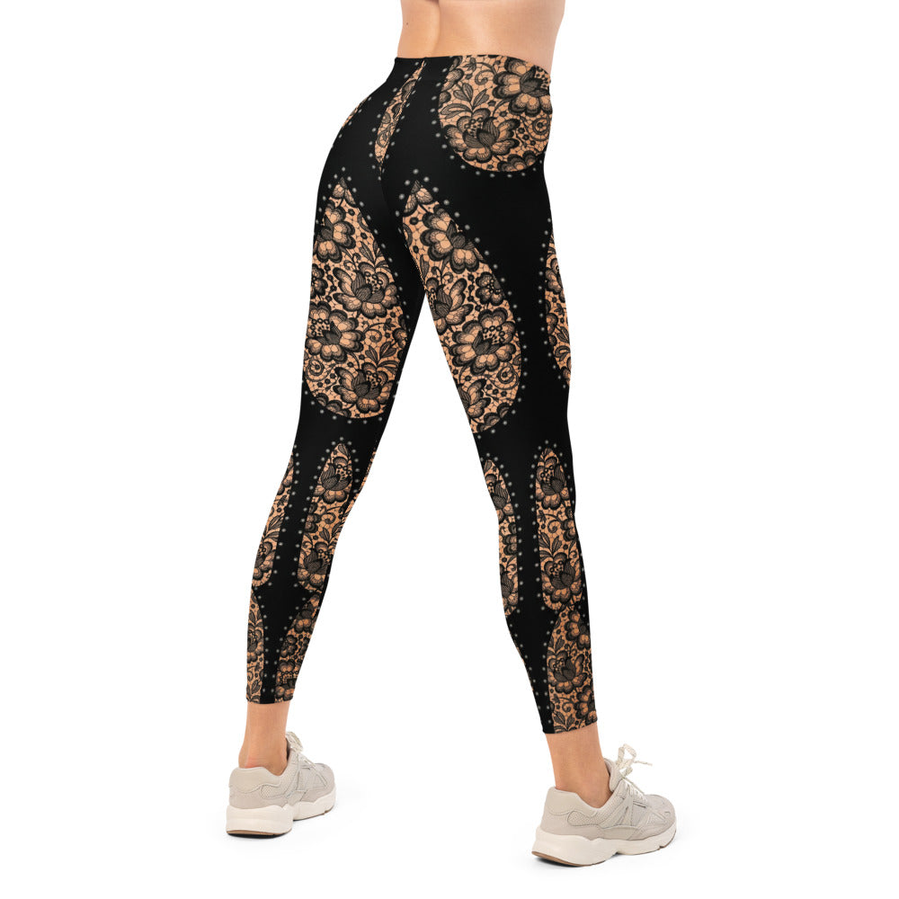 Personalisierte Damen Sportleggings Schwarz Nude Spitzenmuster Fitness Leggings Yoga Hose I640