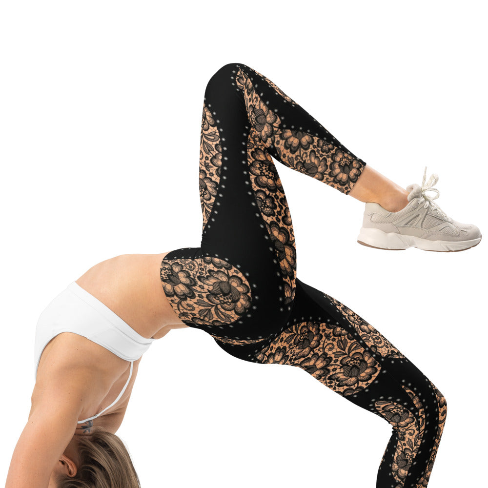Personalisierte Damen Sportleggings Schwarz Nude Spitzenmuster Fitness Leggings Yoga Hose I640