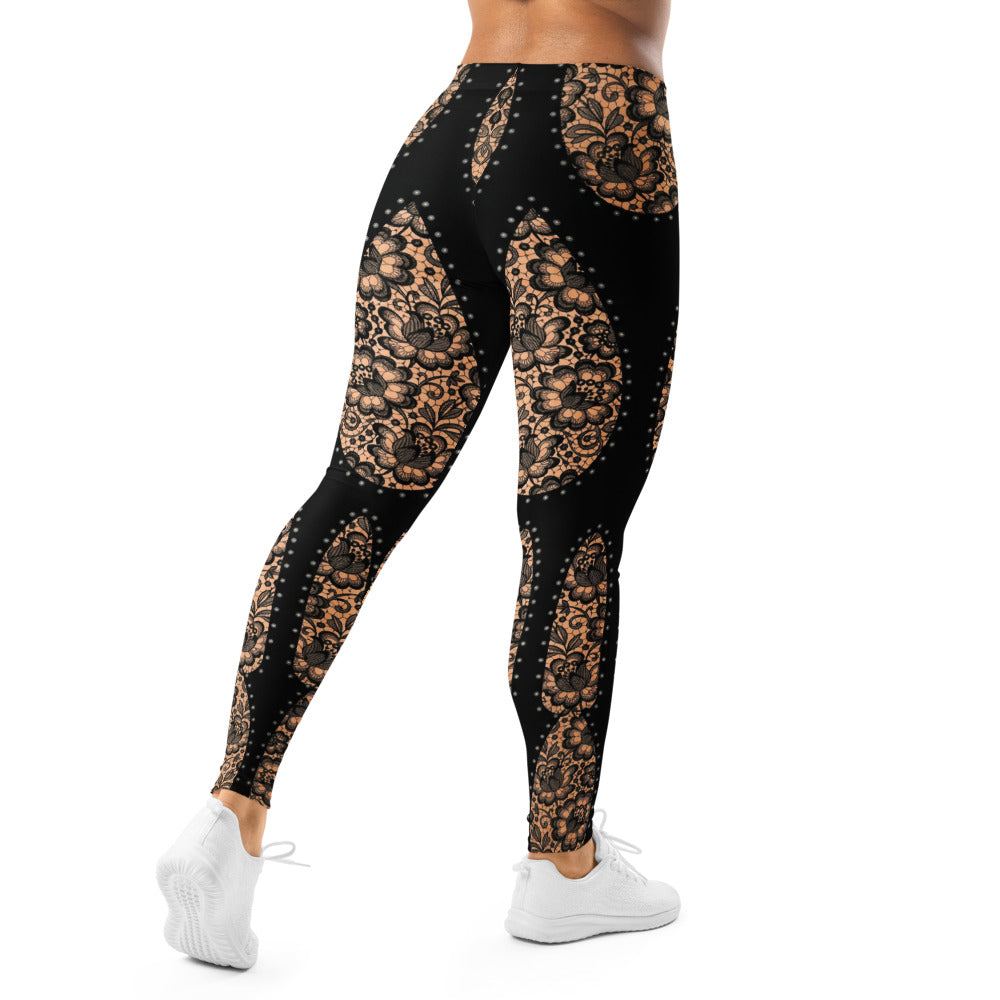 Personalisierte Damen Sportleggings Schwarz Nude Spitzenmuster Fitness Leggings Yoga Hose I640