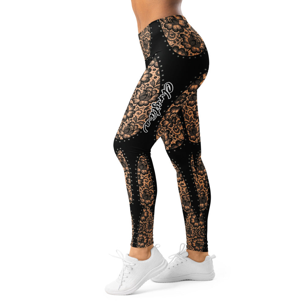 Personalisierte Damen Sportleggings Schwarz Nude Spitzenmuster Fitness Leggings Yoga Hose I640