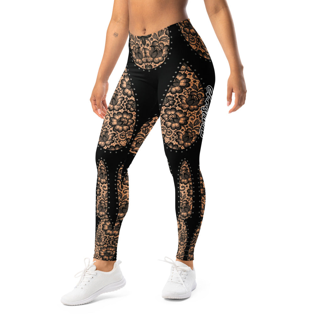 Personalisierte Damen Sportleggings Schwarz Nude Spitzenmuster Fitness Leggings Yoga Hose I640