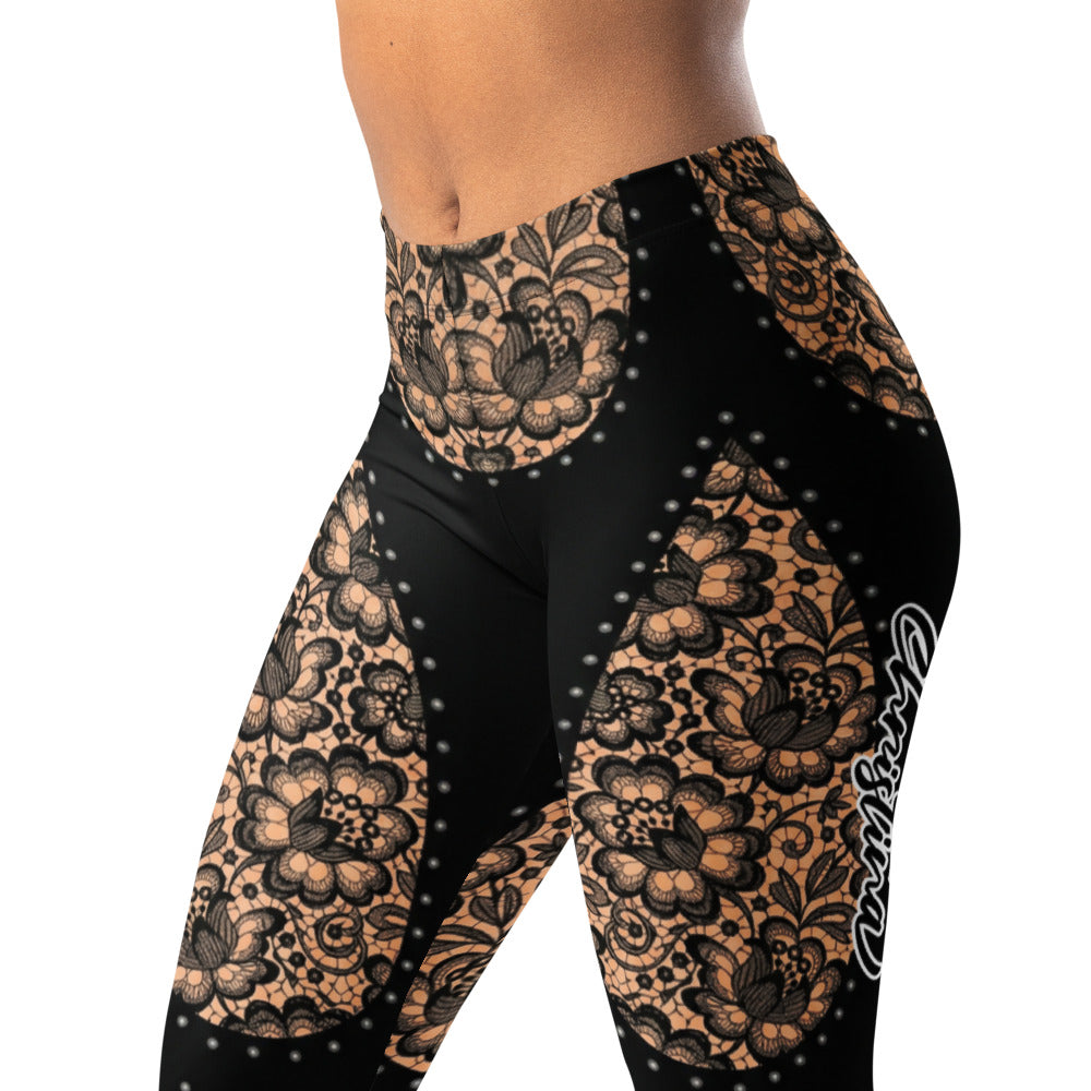 Personalisierte Damen Sportleggings Schwarz Nude Spitzenmuster Fitness Leggings Yoga Hose I640