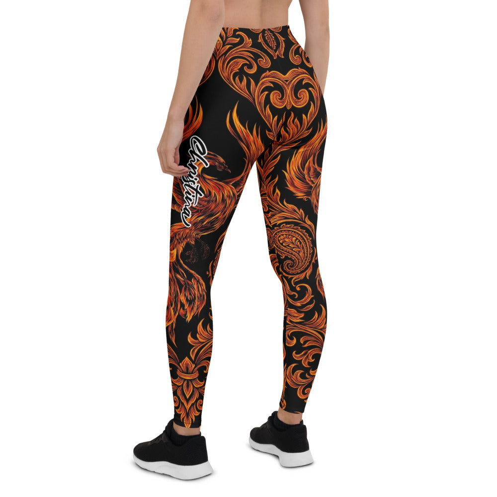 Personalisierte Damen Sportleggings Feuer Design Schwarz Orange Ornament Fitness Leggings Z094