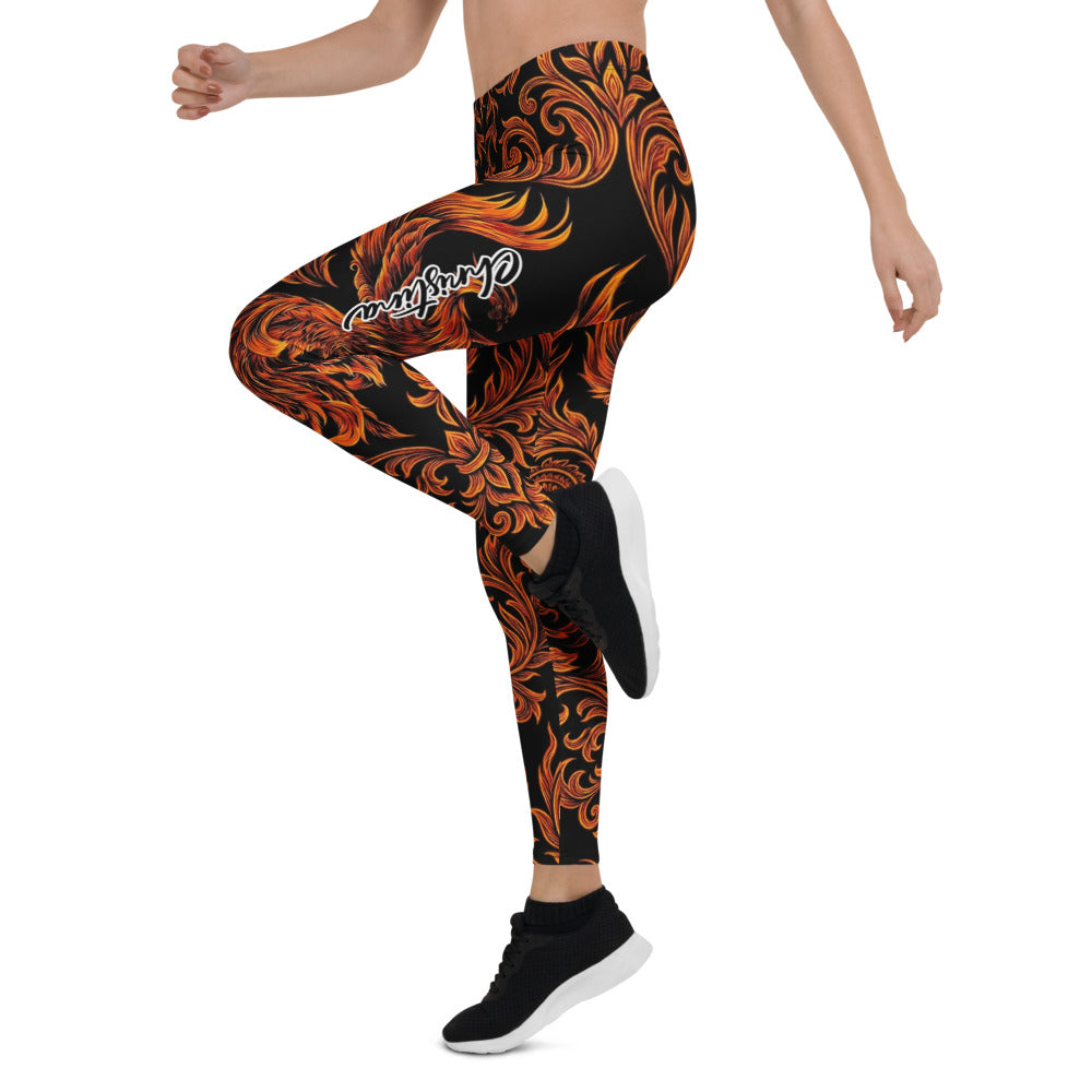 Personalisierte Damen Sportleggings Feuer Design Schwarz Orange Ornament Fitness Leggings Z094