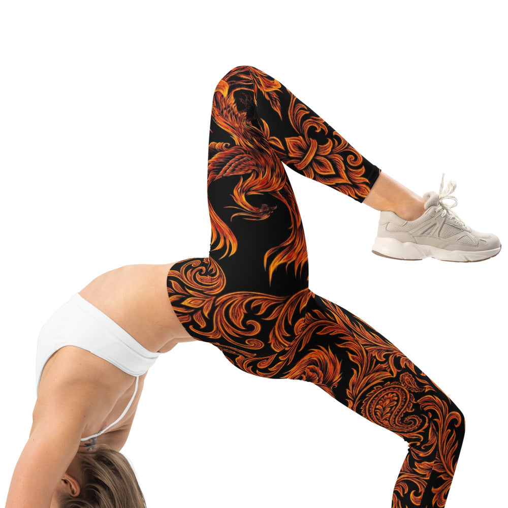 Personalisierte Damen Sportleggings Feuer Design Schwarz Orange Ornament Fitness Leggings Z094