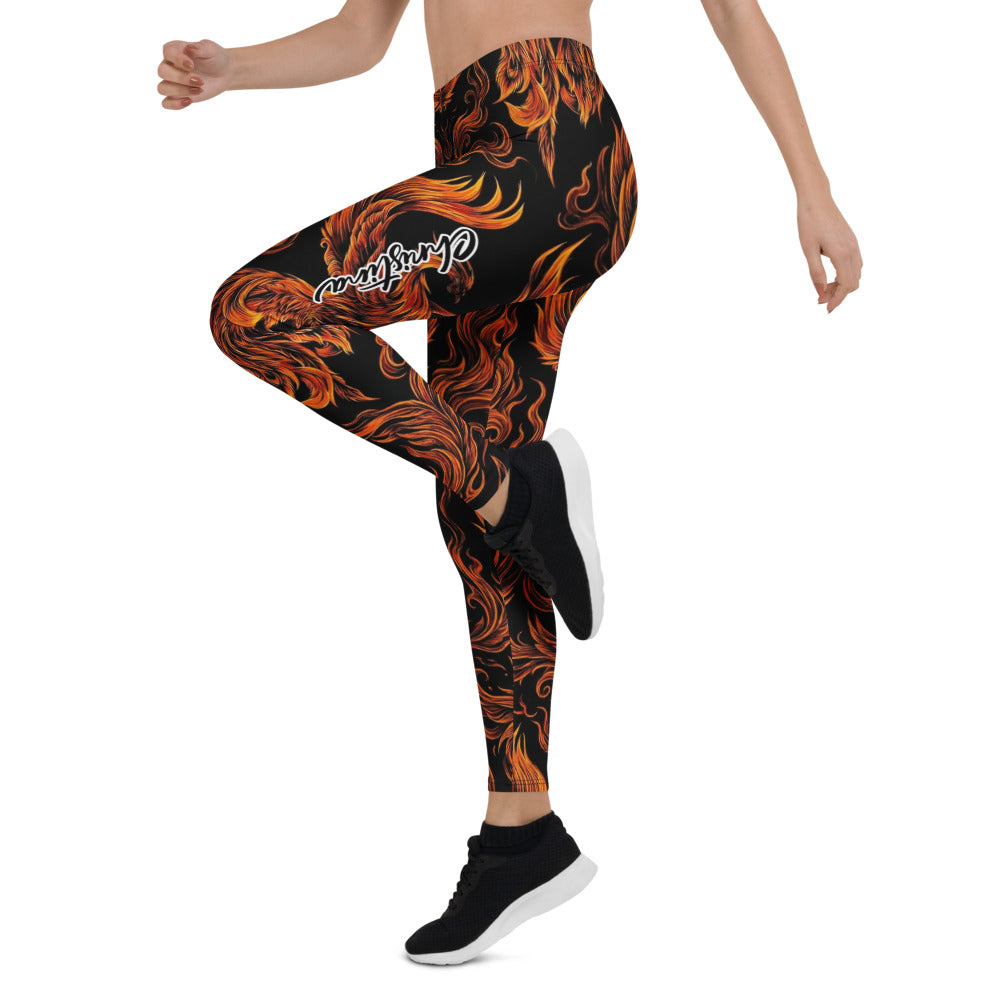 Personalisierte Damen Sportleggings Flammen Design Schwarz Orange Fitness Leggings Yoga Hose U584