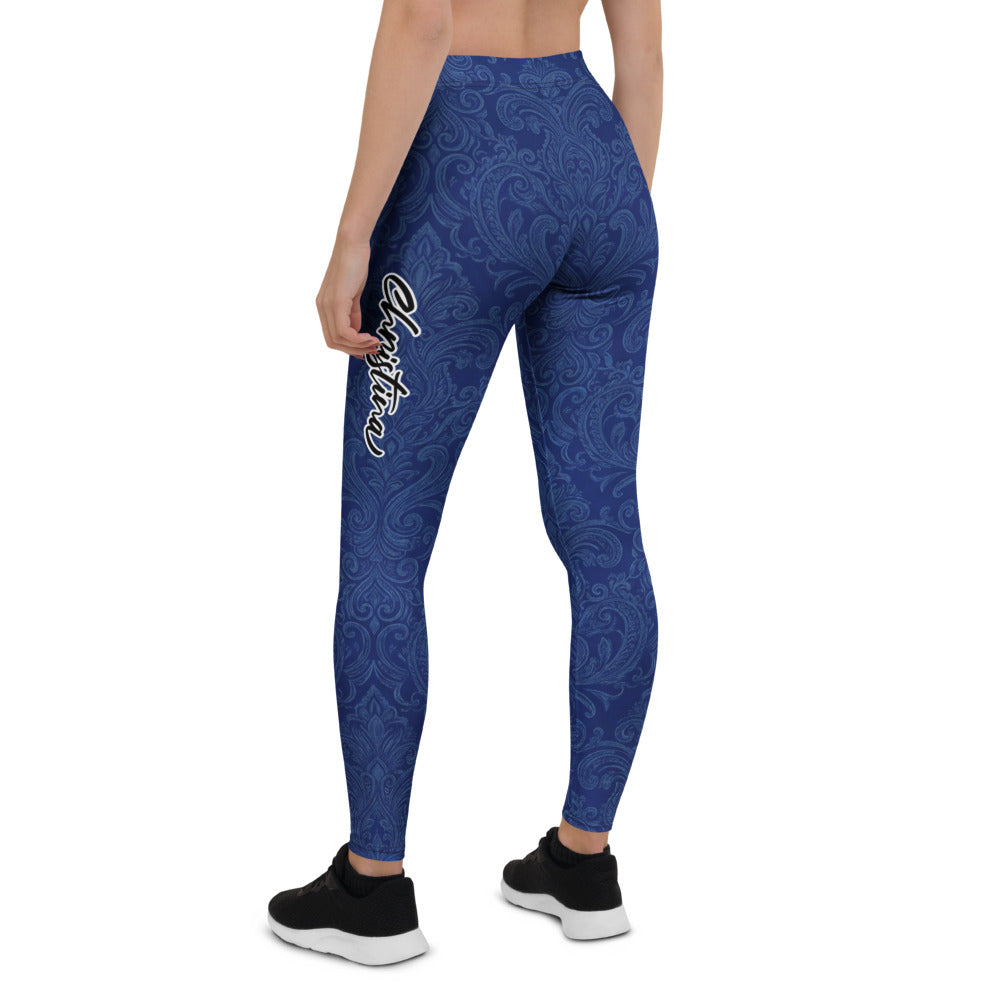 Personalisierte Damen Sportleggings Dunkelblau Ornament Muster Fitness Yoga Hose W891