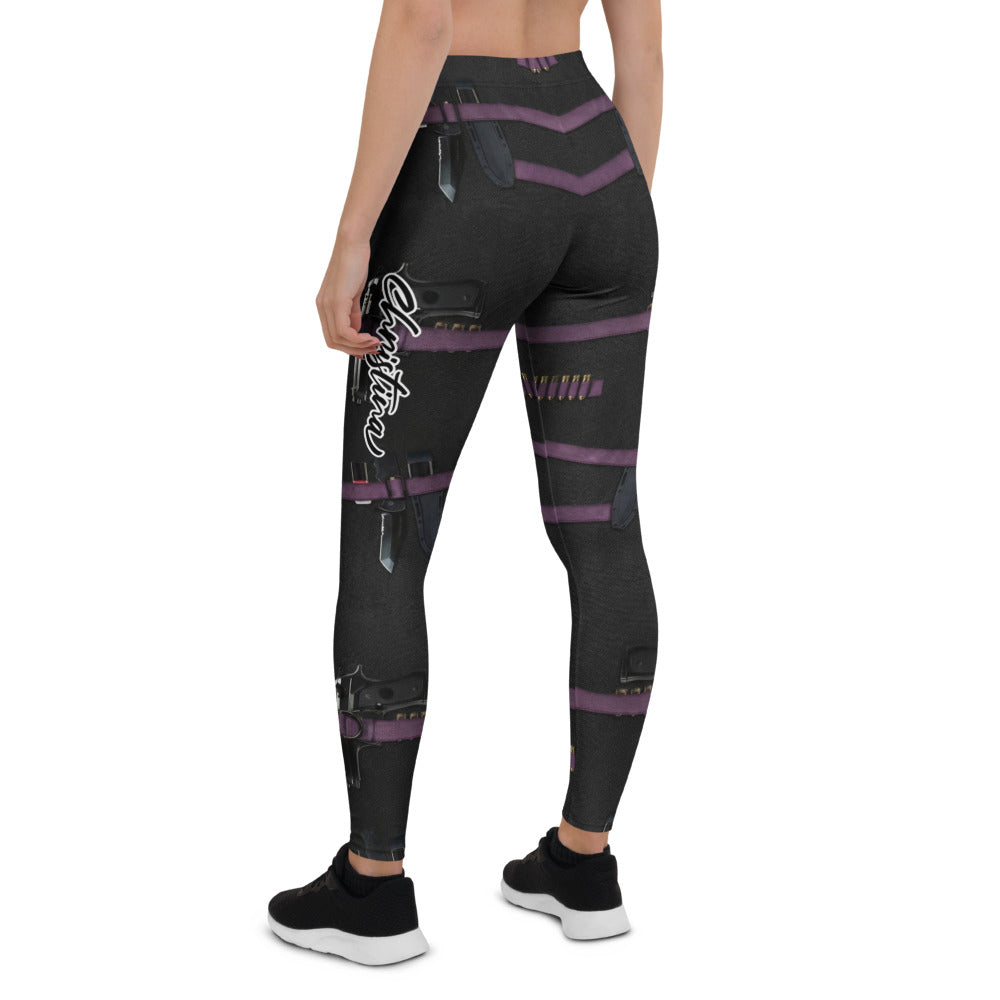 Personalisierte Sportleggings Damen Tactical Design Schwarz Lila Patronengurt Print Fitness Leggings V634