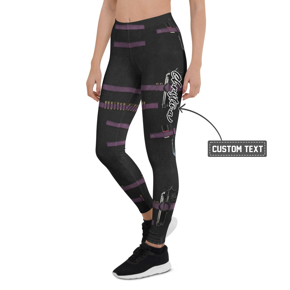 Personalisierte Sportleggings Damen Tactical Design Schwarz Lila Patronengurt Print Fitness Leggings V634 - XL