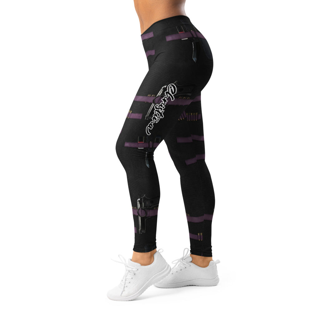 Personalisierte Sportleggings Damen Tactical Design Schwarz Lila Patronengurt Print Fitness Leggings V634