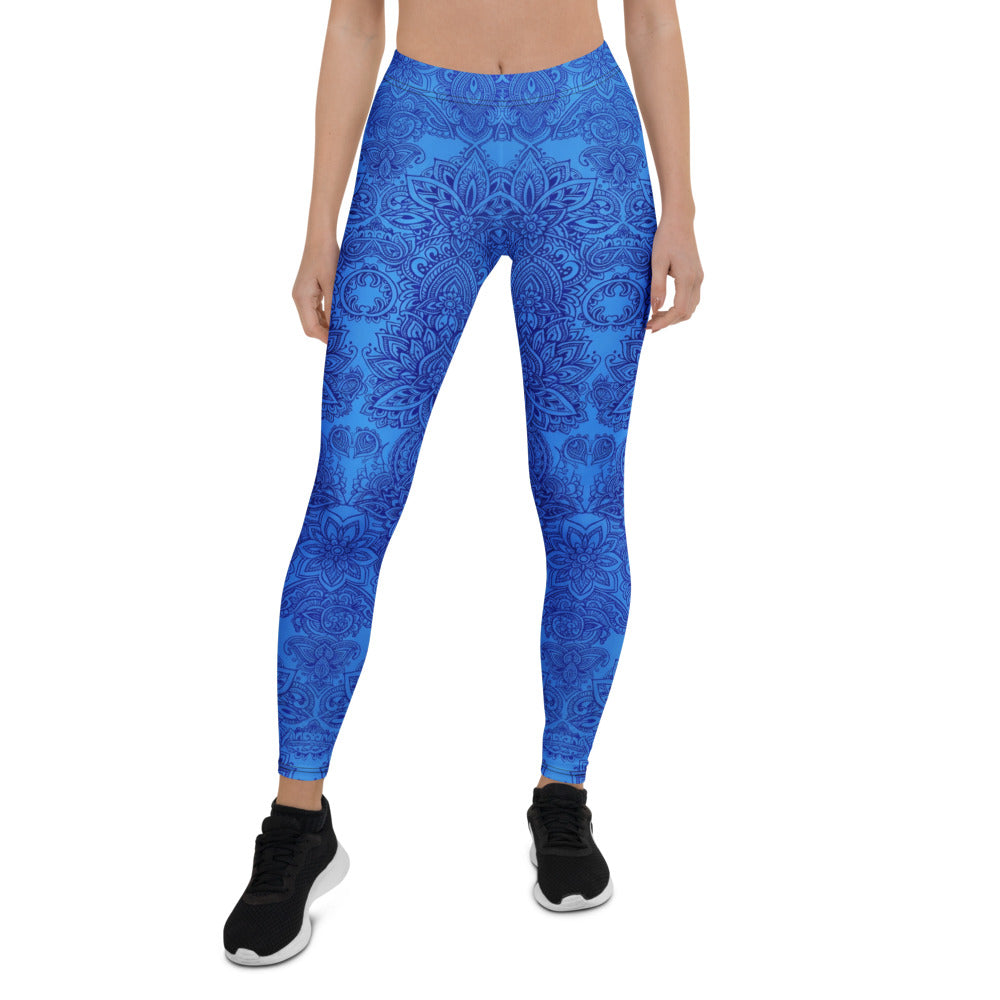 Personalisierte Sportleggings Damen Blau Mandala Design Yoga Fitness Leggings C934