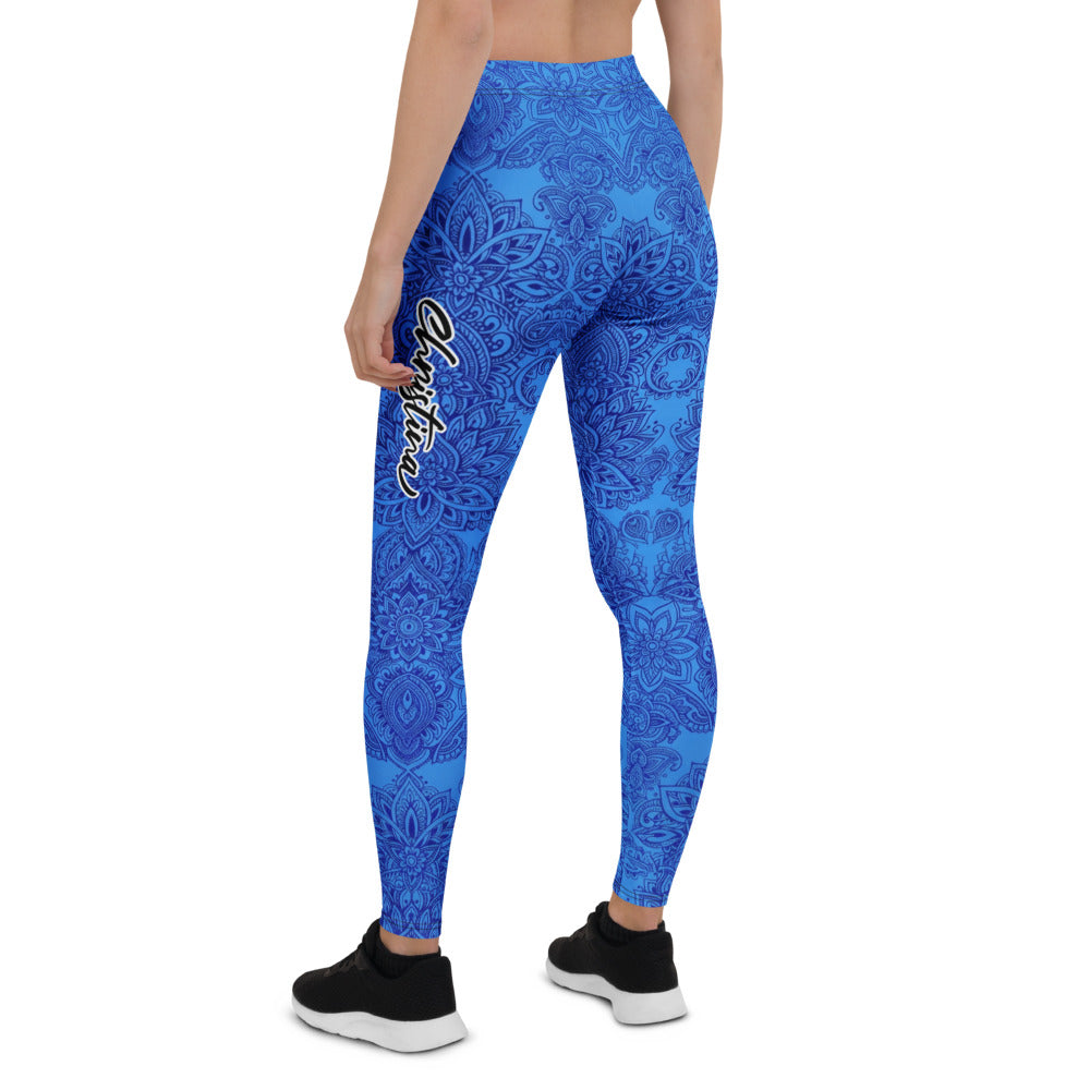 Personalisierte Sportleggings Damen Blau Mandala Design Yoga Fitness Leggings C934
