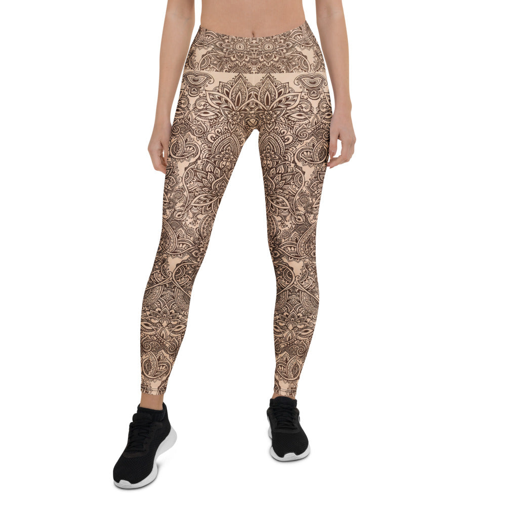 Personalisierte Damen Yoga Leggings Mandala Muster Beige Braun Fitnesshose Sport Tights Q987