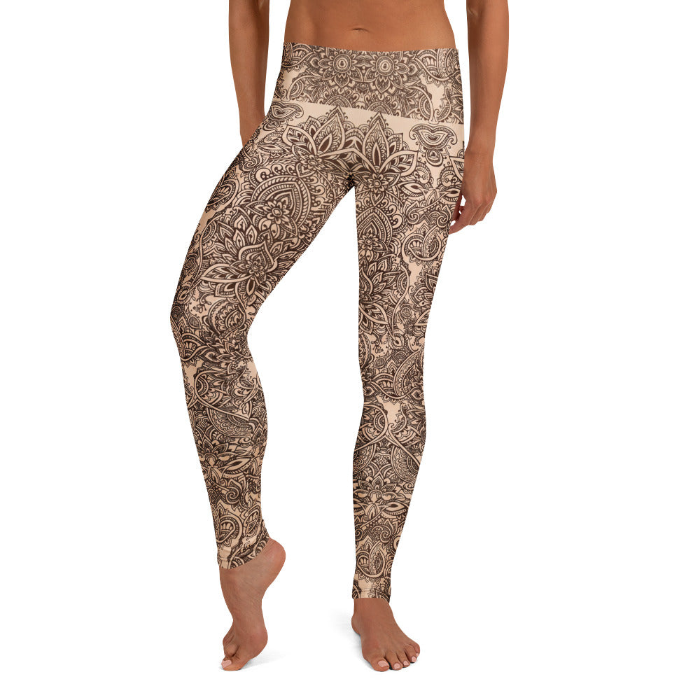 Personalisierte Damen Yoga Leggings Mandala Muster Beige Braun Fitnesshose Sport Tights Q987