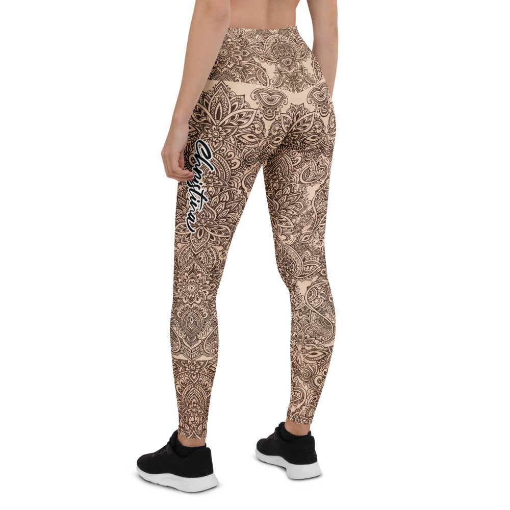Personalisierte Damen Yoga Leggings Mandala Muster Beige Braun Fitnesshose Sport Tights Q987