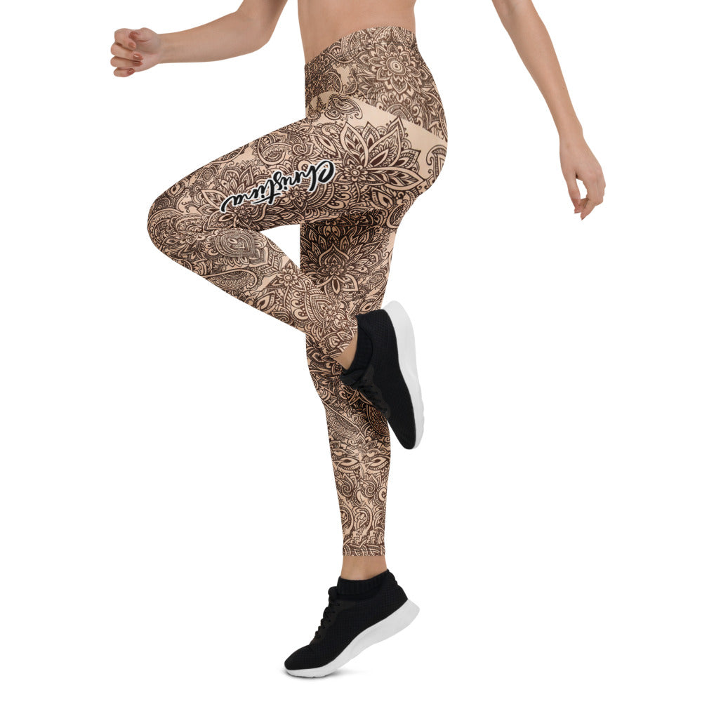 Personalisierte Damen Yoga Leggings Mandala Muster Beige Braun Fitnesshose Sport Tights Q987