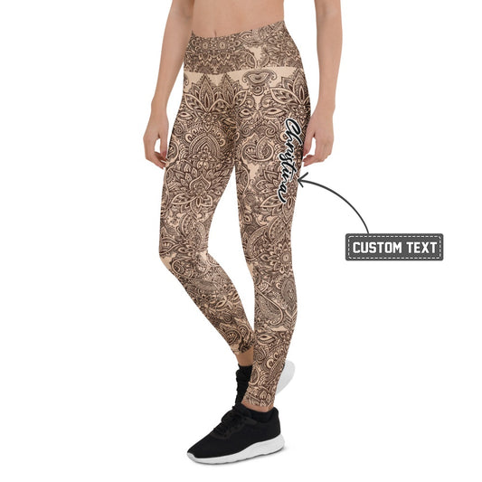 Personalisierte Damen Yoga Leggings Mandala Muster Beige Braun Fitnesshose Sport Tights Q987 - XL