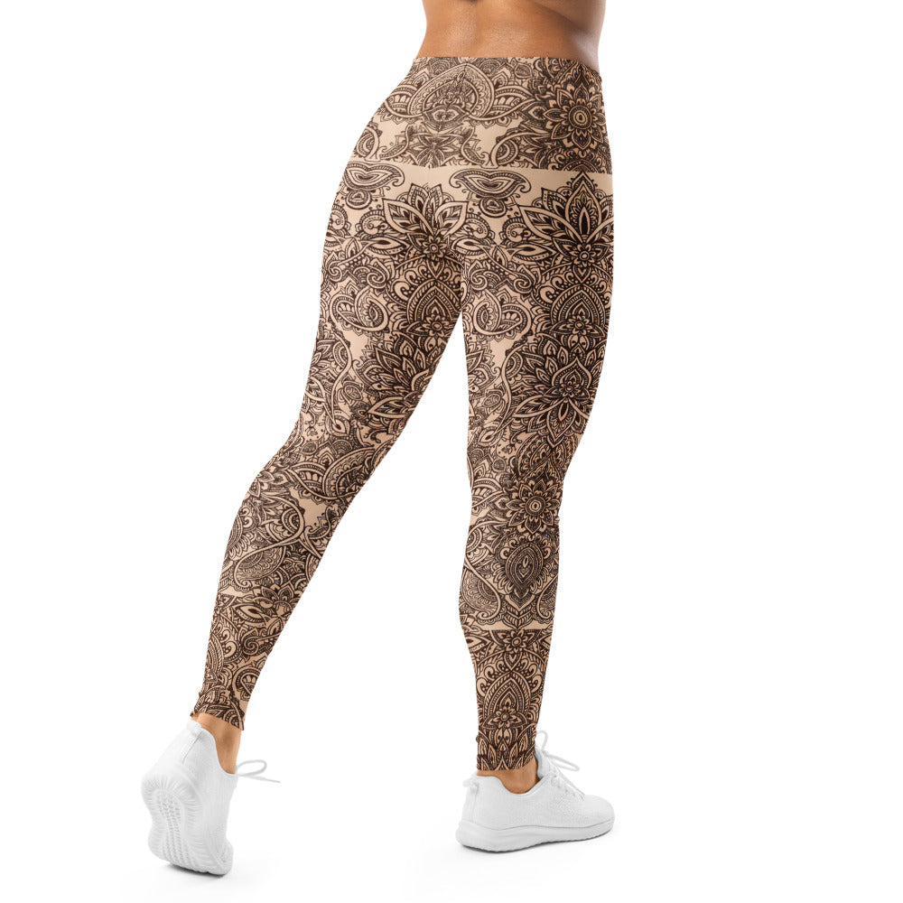 Personalisierte Damen Yoga Leggings Mandala Muster Beige Braun Fitnesshose Sport Tights Q987
