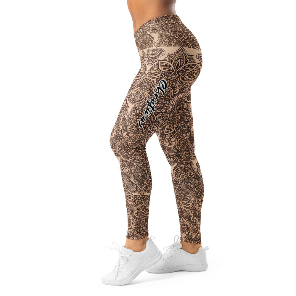 Personalisierte Damen Yoga Leggings Mandala Muster Beige Braun Fitnesshose Sport Tights Q987