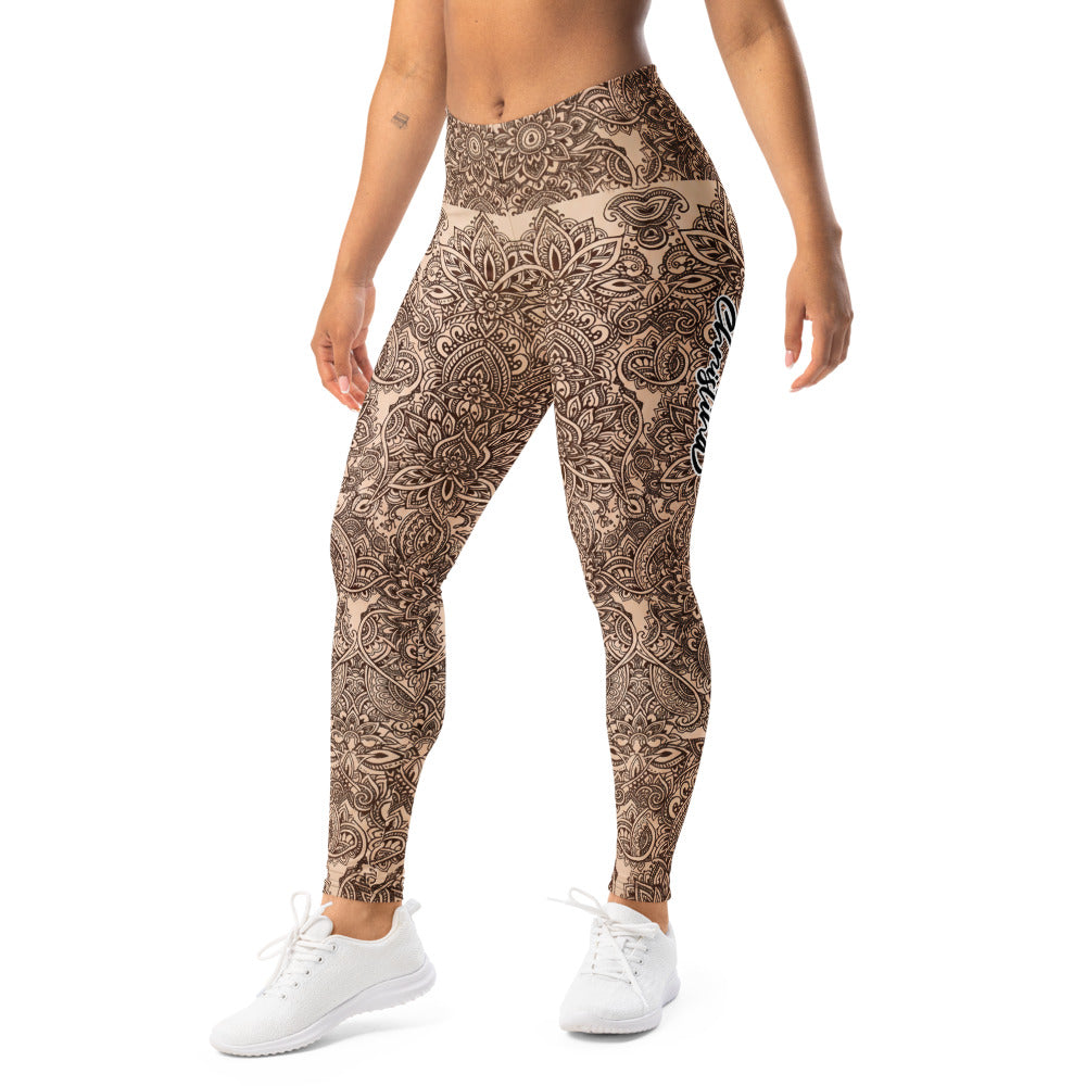 Personalisierte Damen Yoga Leggings Mandala Muster Beige Braun Fitnesshose Sport Tights Q987