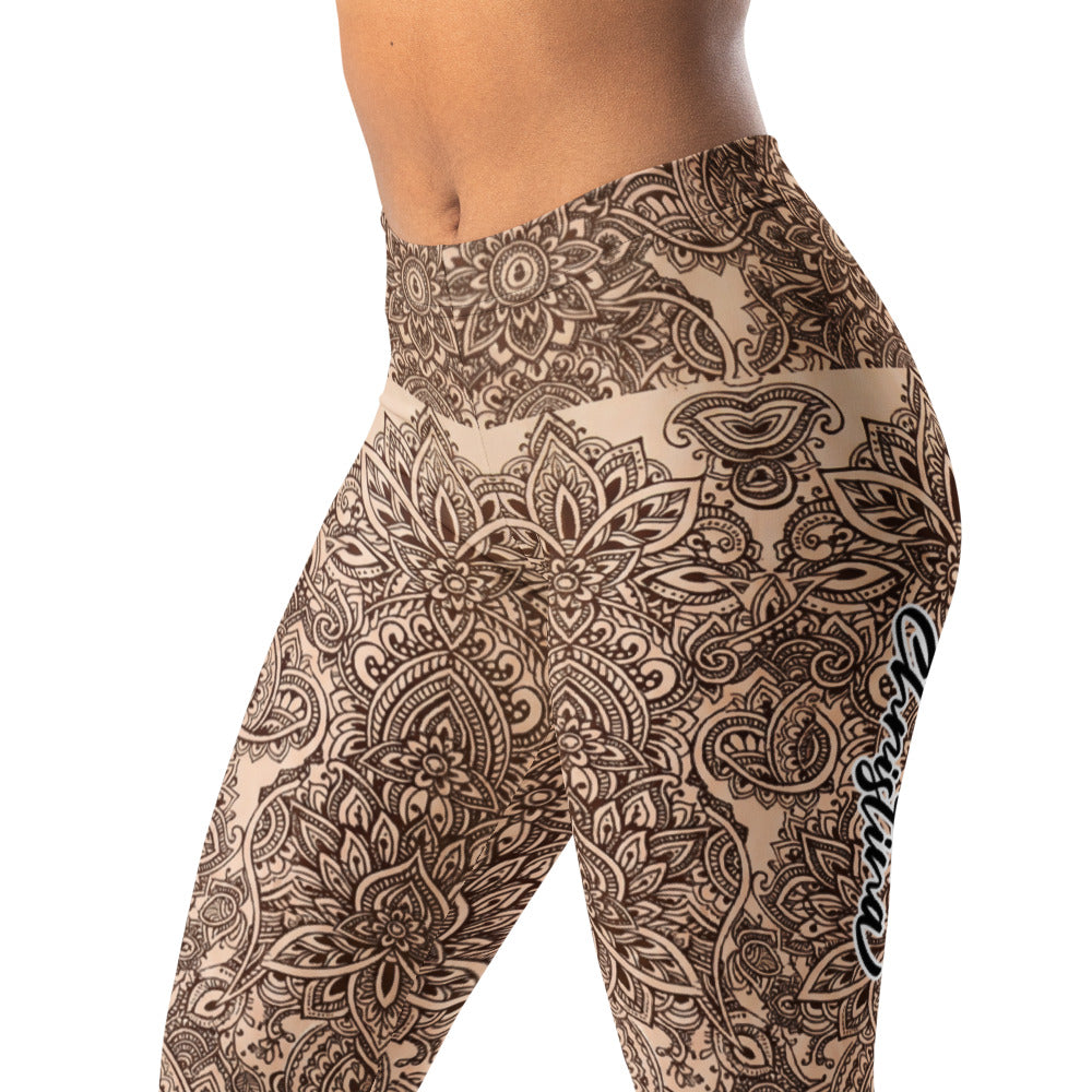 Personalisierte Damen Yoga Leggings Mandala Muster Beige Braun Fitnesshose Sport Tights Q987