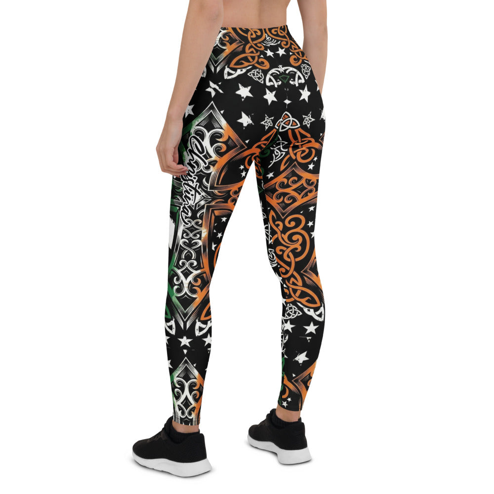 Personalisierte Damen Sportleggings Keltisches Muster Irland Design Grün Weiß Orange Fitness Leggings Sterne K012