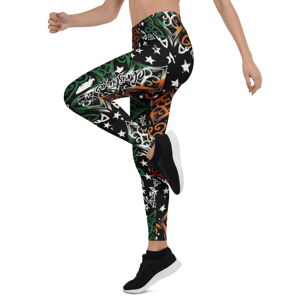 Personalisierte Damen Sportleggings Keltisches Muster Irland Design Grün Weiß Orange Fitness Leggings Sterne K012